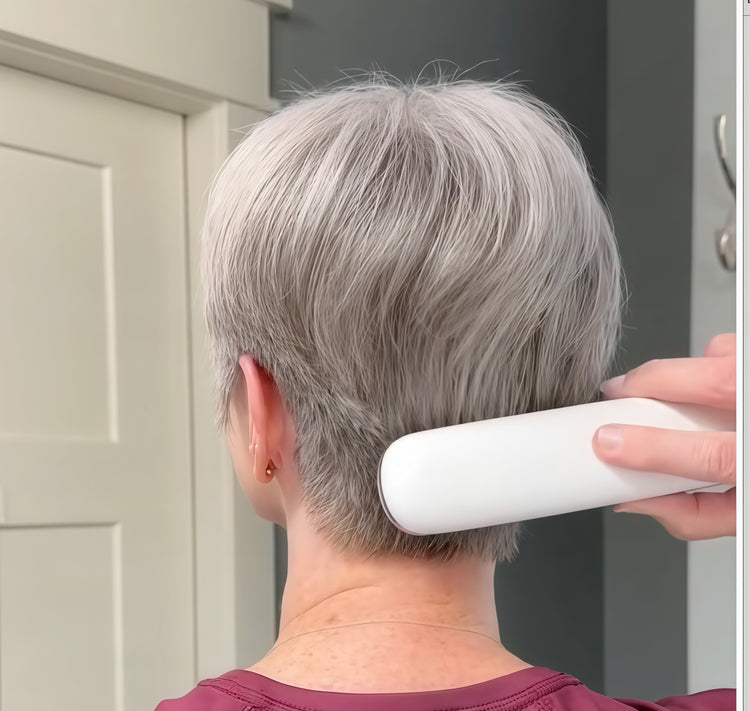 Woman easily reaching the back of her head with the Volumina cordless brush — one-handed styling